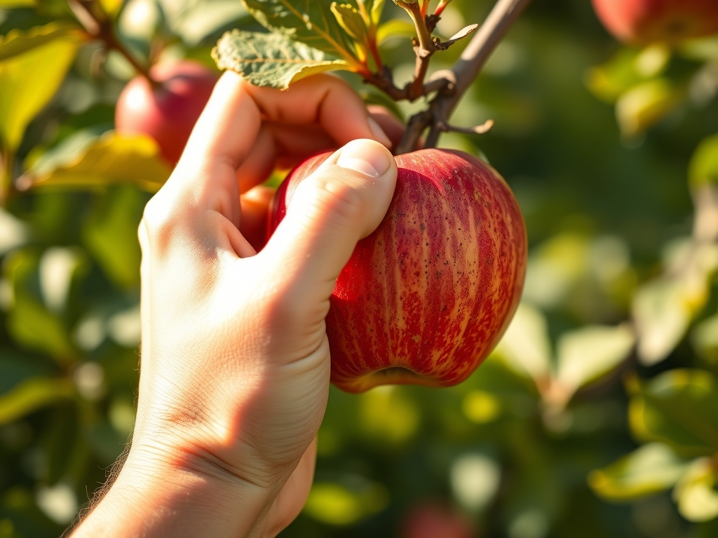 Hands cupping and twisting a ripe red apple from a branch, the lift and twist harvest test, close view in autumn light