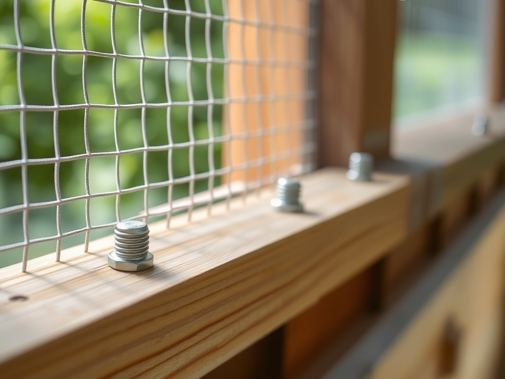 Close view of half-inch hardware cloth screwed over a coop window frame with washers, the predator-proofing detail that matters, honest construction close-up
