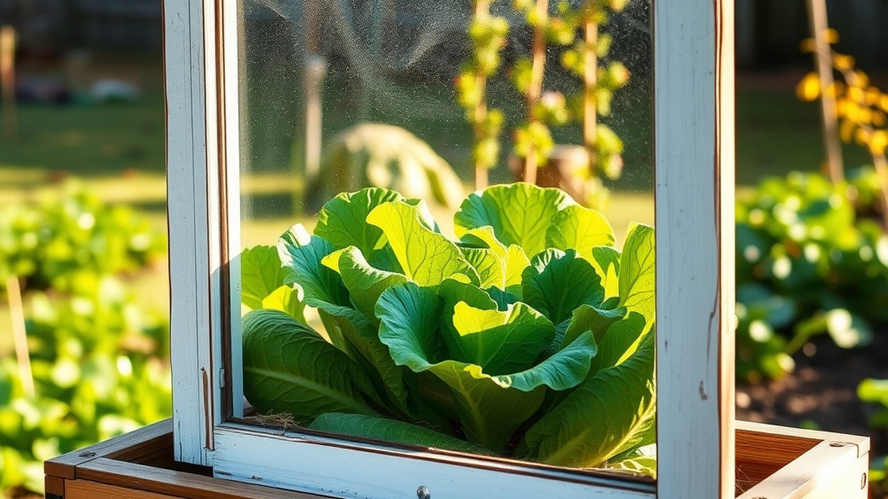 A homemade cold frame built from an old white wooden window on a cedar box, lettuce growing inside, low autumn sun in a backyard garden, honest DIY scene