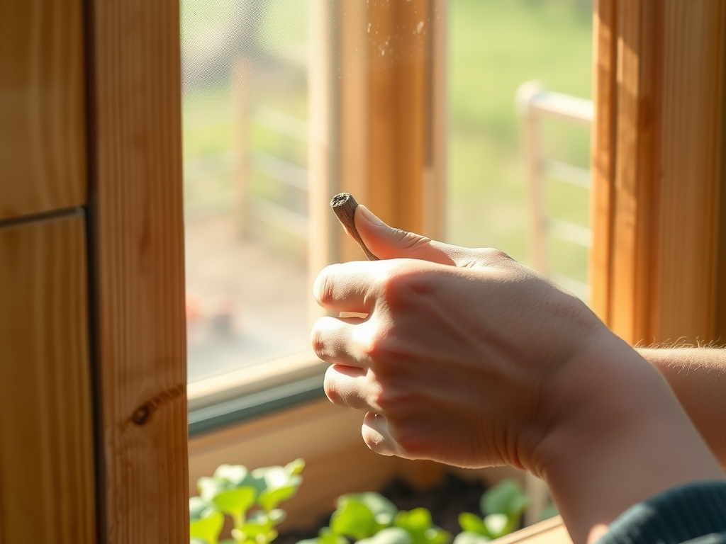 Hands propping open the window sash of a DIY cold frame with a notched wooden stick, young salad greens visible inside, bright cold morning