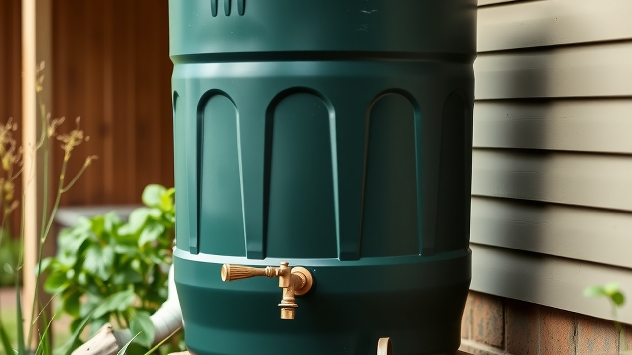 A dark green heavy-duty trash can converted into a rain barrel under a house downspout, brass spigot near the bottom, watering can beneath it, tidy backyard corner, honest DIY photography