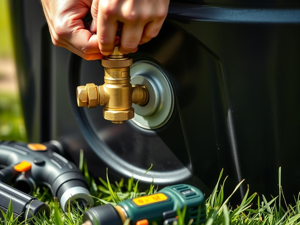 Close-up of hands tightening a brass spigot with rubber washers into the lower wall of a dark plastic barrel, drill and fittings nearby on the grass, practical build detail