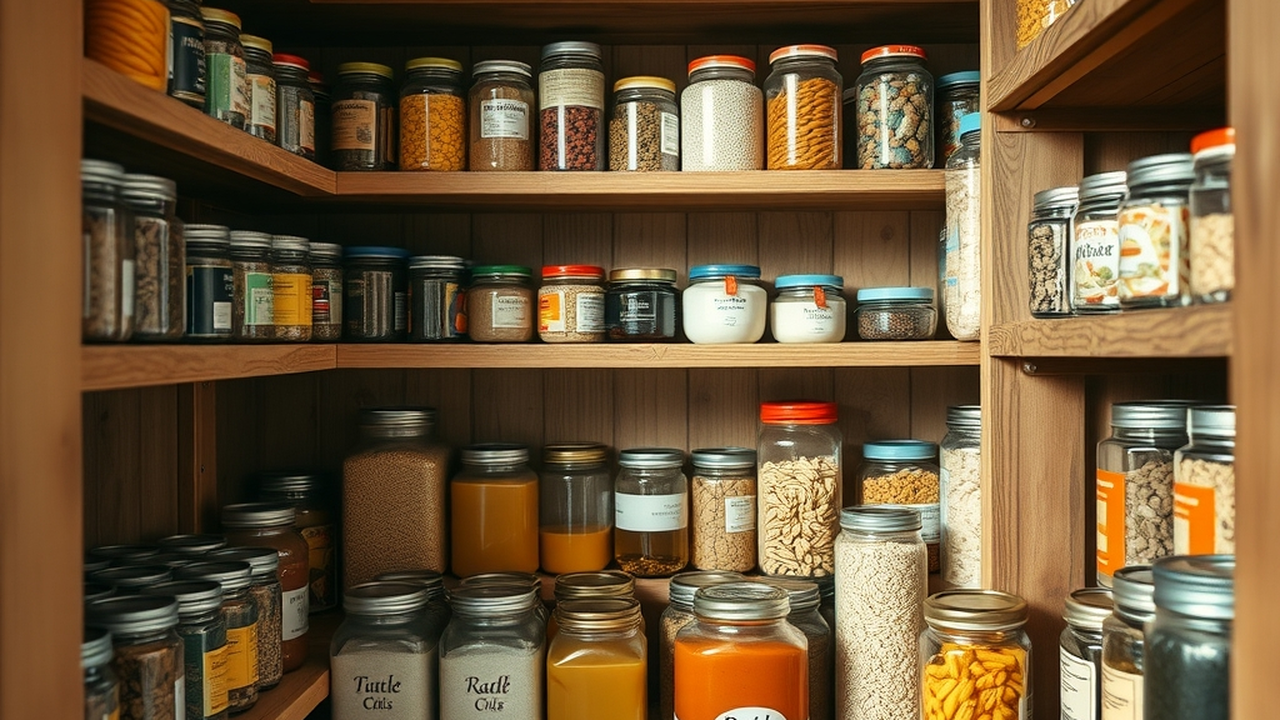 A tidy well-stocked home pantry with organized shelves of canned goods, jars, rice, pasta and oils, warm practical light, honest household scale