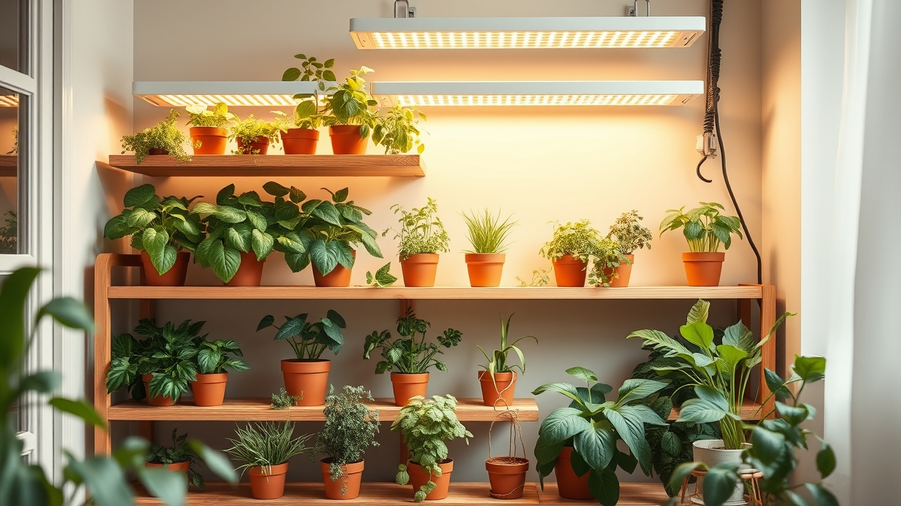 A bright apartment corner with a tiered shelf of leafy greens and herbs under warm LED grow lights, tidy pots, cozy realistic indoor garden, no text