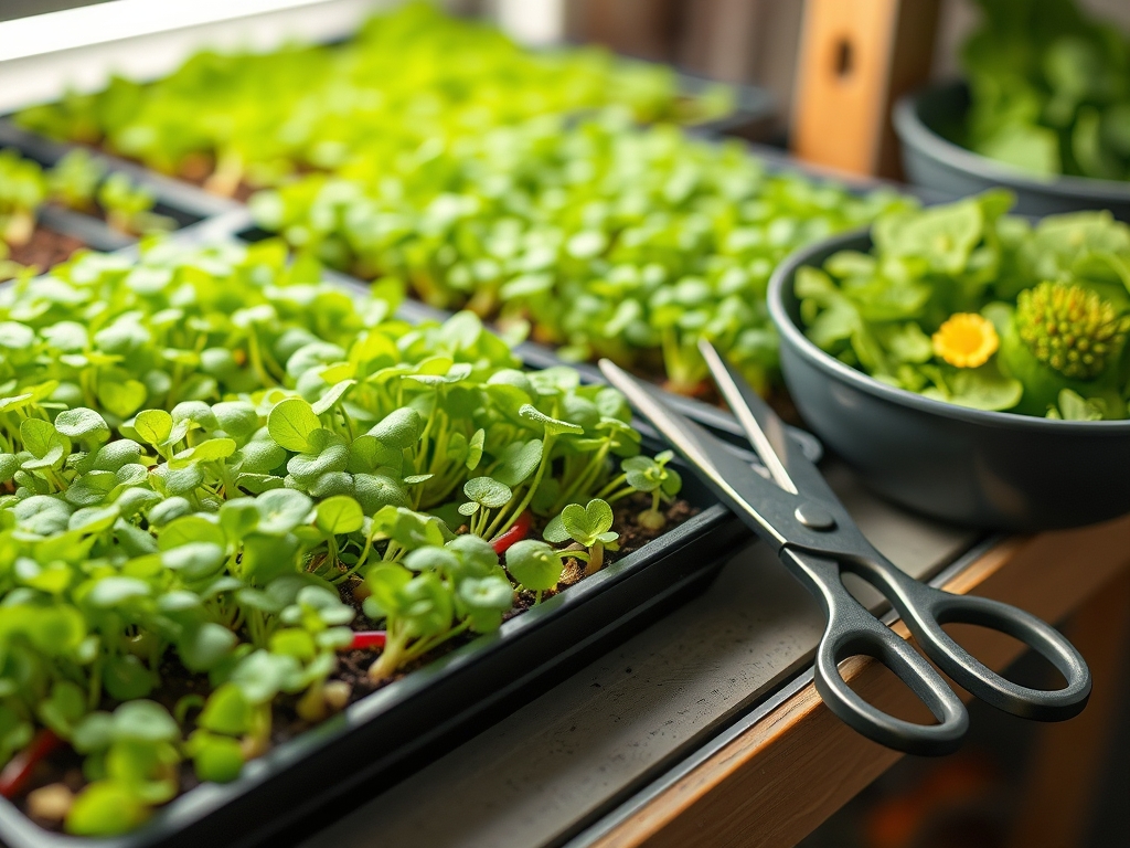 Close view of trays of vibrant microgreens - pea shoots, radish, sunflower - on a shelf under LED light with scissors resting beside, productive indoor harvest, no text
