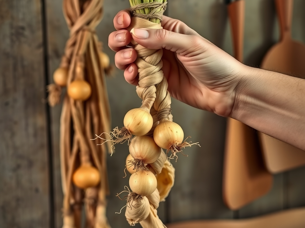 Hands braiding cured onions by their dried tops into a long hanging braid, rustic kitchen wall behind, beautiful practical craft close-up