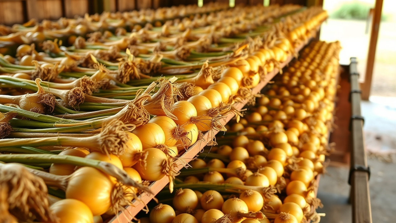 Rows of harvested onions with flopped brown tops curing on a wooden rack in an airy shed, golden late-summer light, honest homestead harvest scene