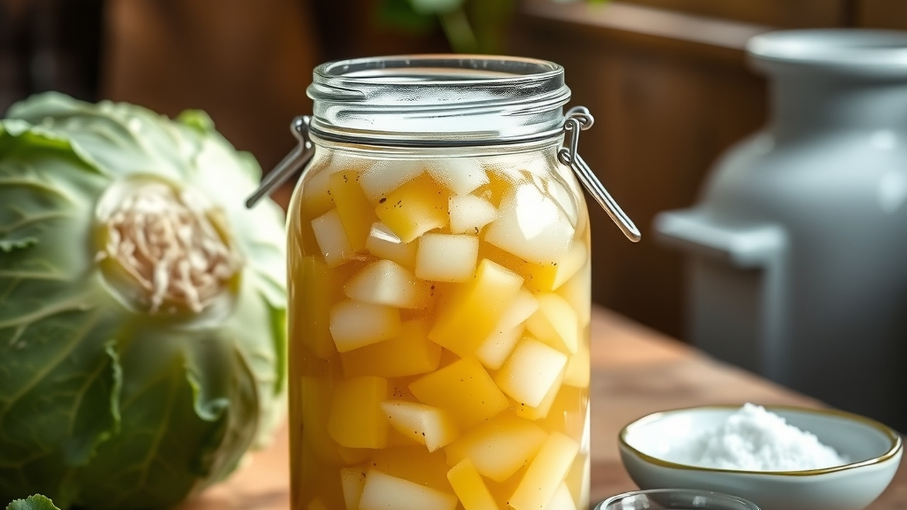A glass jar of golden sauerkraut packed under its brine on a wooden kitchen counter beside a fresh cabbage and a small dish of salt, warm homey light