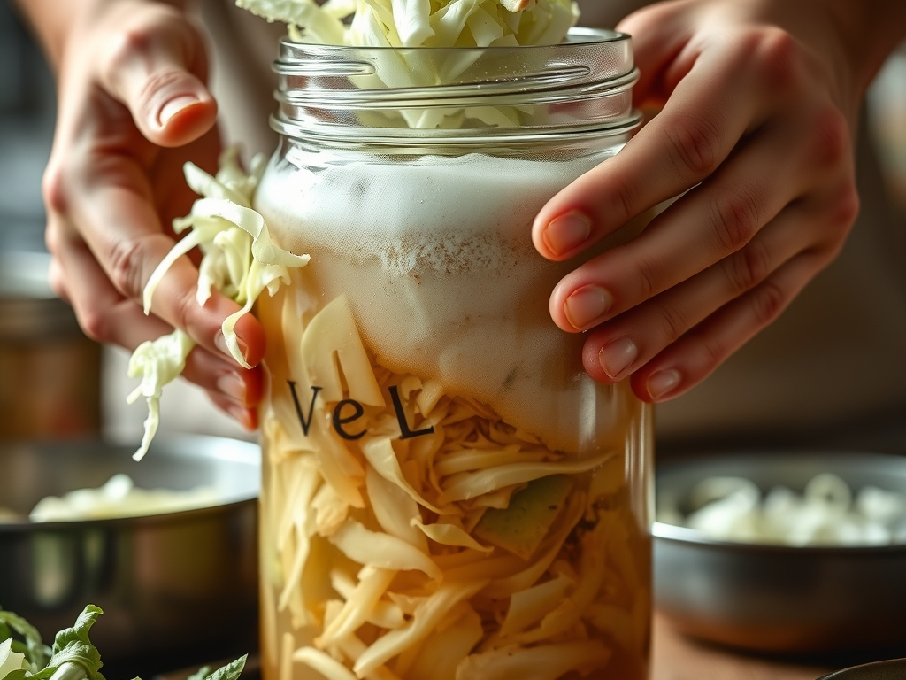 Hands pressing shredded cabbage down into a glass jar so cloudy brine rises above it, mid-process close view, honest kitchen scene