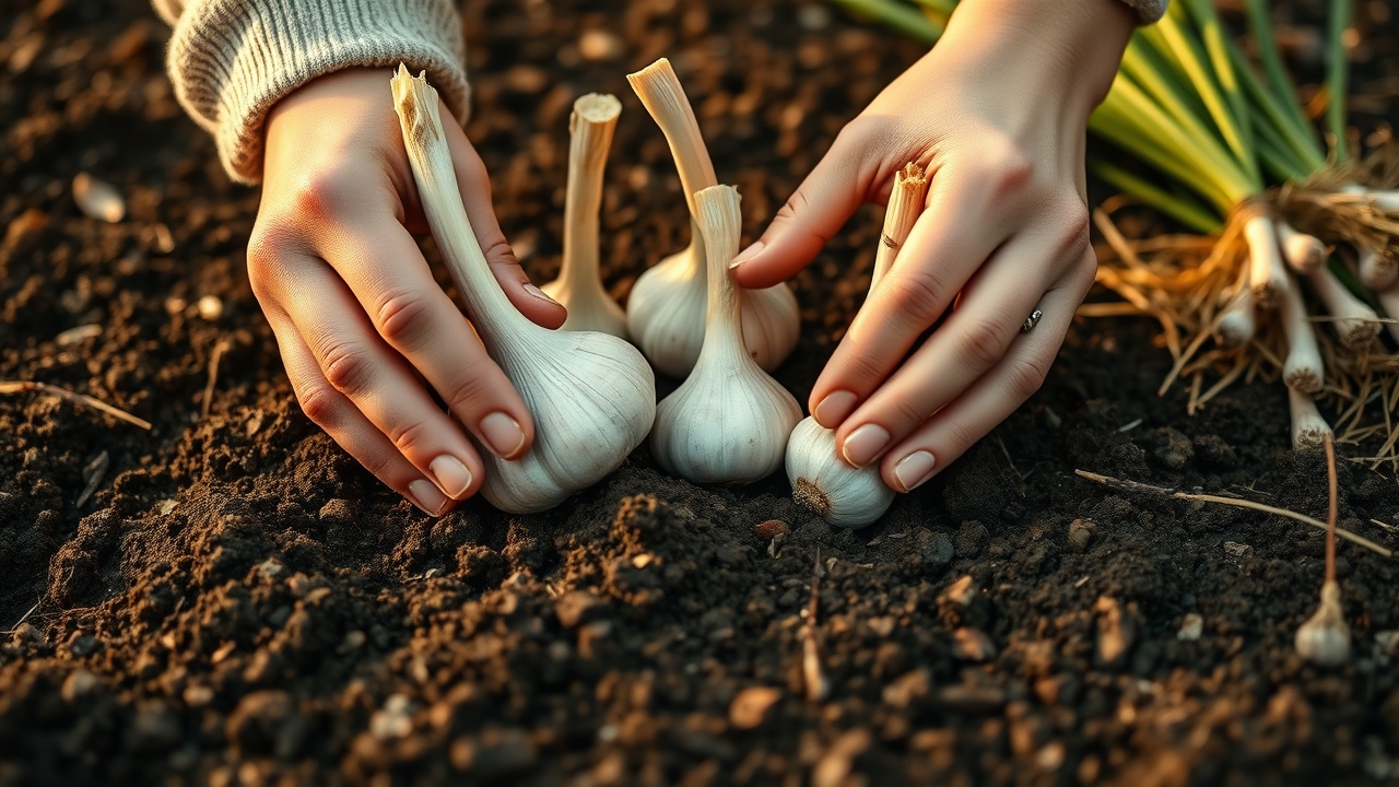 Hands pressing large garlic cloves into dark soil in a neat grid pattern on an autumn day, straw mulch nearby, honest close-up planting scene