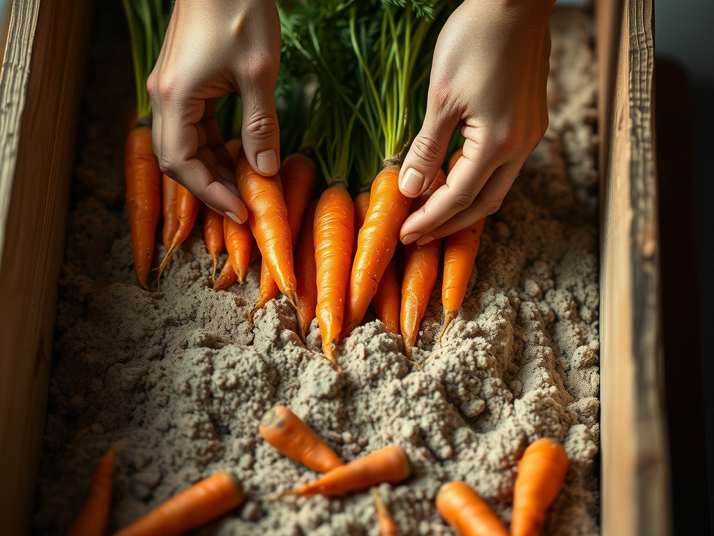Hands placing a layer of fresh carrots onto damp sand inside a wooden storage crate, some carrots half buried, close practical detail, cozy light
