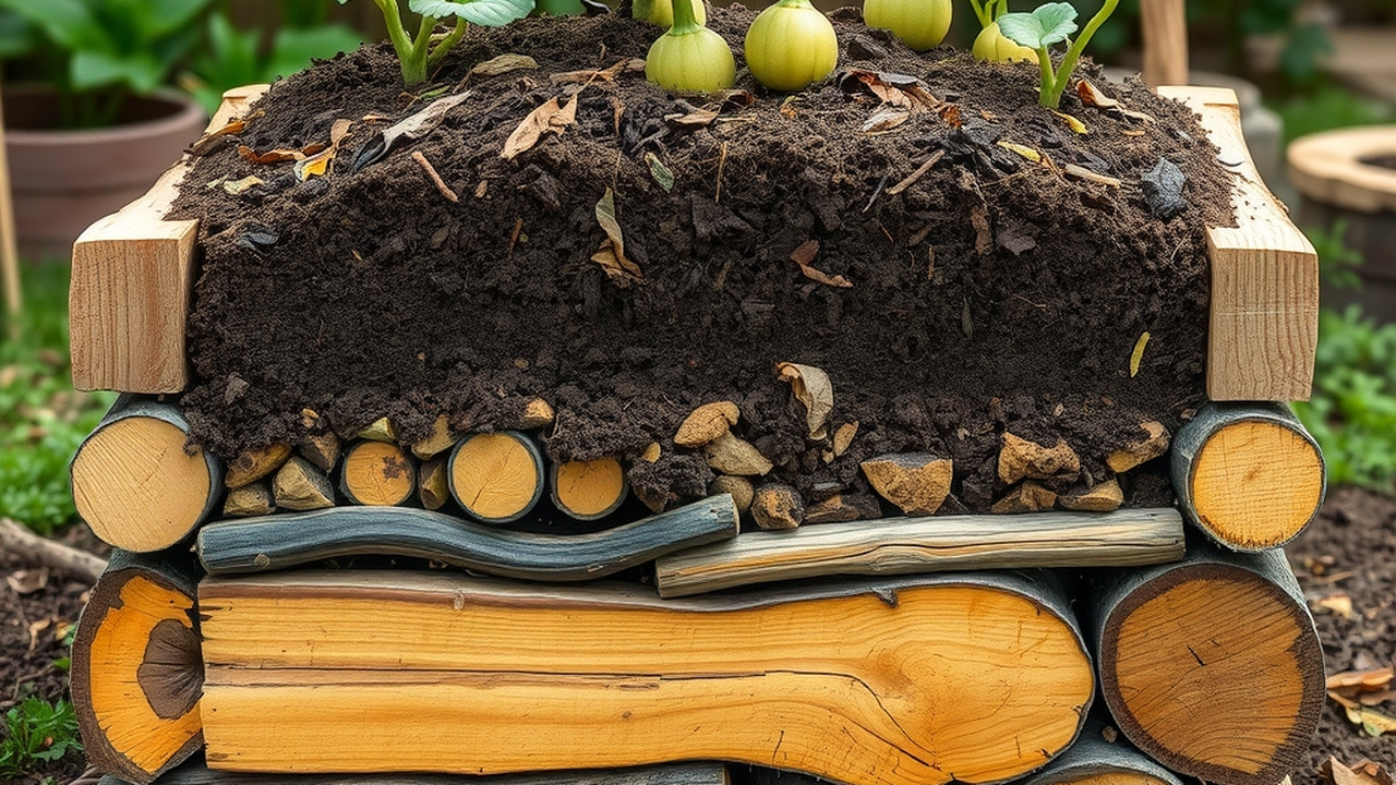 Cross-section style view of a hugelkultur bed under construction - logs and branches at the base, layers of leaves and compost above, a mounded soil bed on top, backyard scale, warm light
