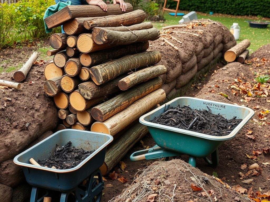 A gardener stacking logs and branches into a shallow trench with a wheelbarrow of compost waiting beside, honest hugelkultur build in progress, autumn backyard