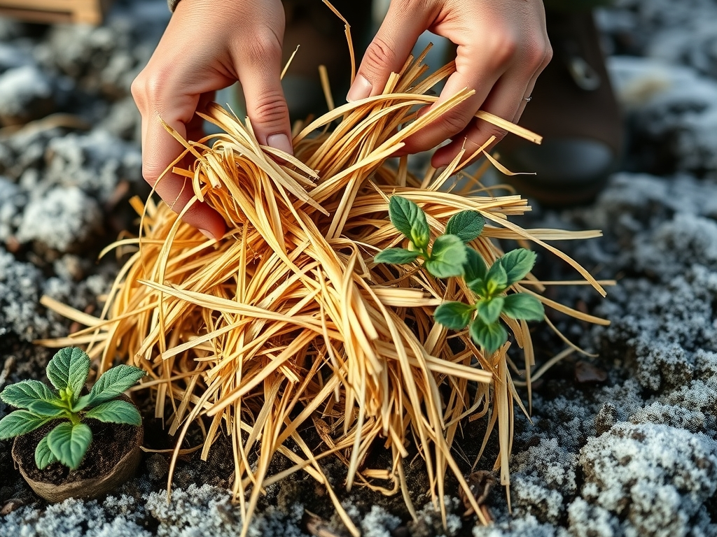 Hands tucking loose straw mulch around dormant herb crowns in a frozen winter bed, the after-freeze mulching moment, quiet cold scene