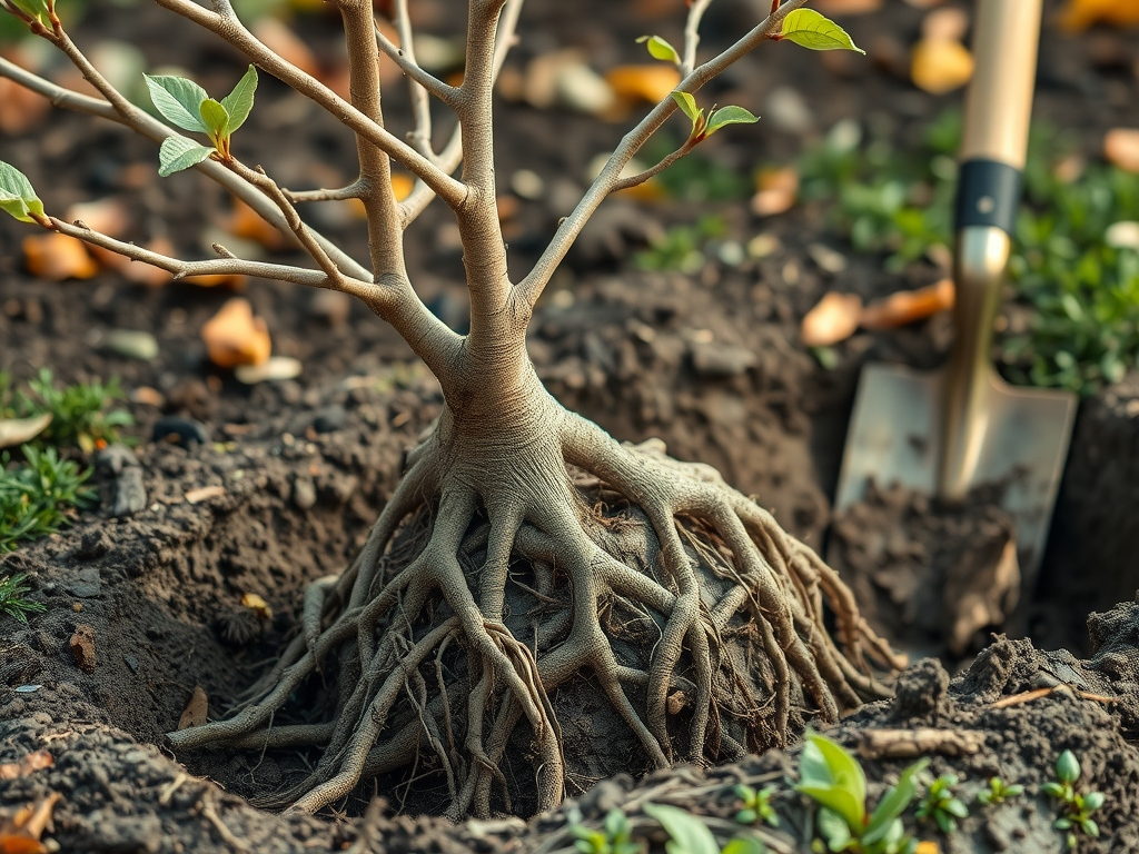 A bare-root apple tree with its wide natural root spread laid beside a planting hole with a spade, honest close view of what bare-root means, autumn ground