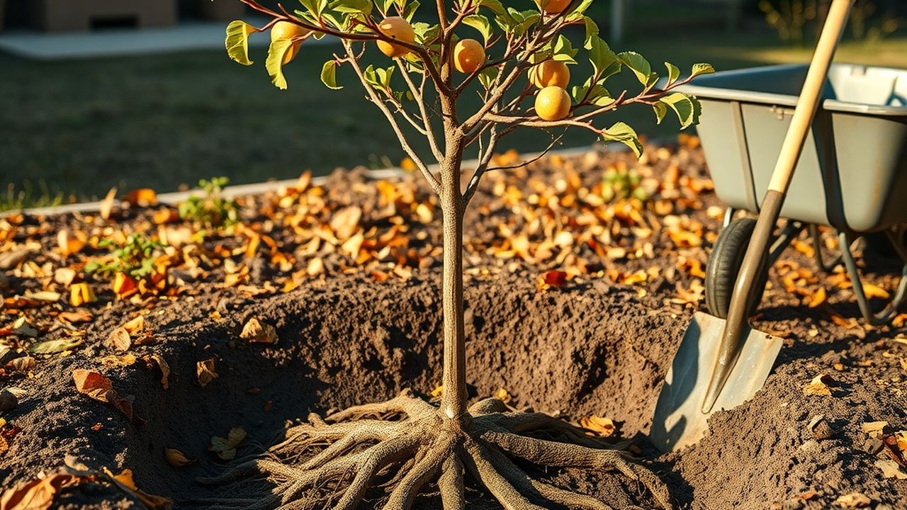 A young bare-root fruit tree being planted in a backyard in autumn, roots spread in a wide shallow hole, spade and mulch nearby, golden fall light