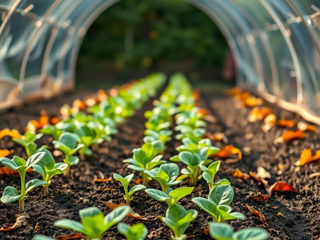Young overwintering spinach seedlings in a neat row under a low hoop tunnel with autumn leaves around the bed edges, patient fall planting