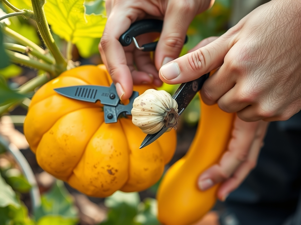 Hands using pruners to cut a butternut squash from the vine leaving a long corky stem, careful harvest close-up, autumn garden