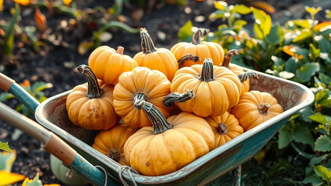 A garden wheelbarrow full of butternut squash and pumpkins with dried stems beside a vine-covered fall garden bed, golden September light